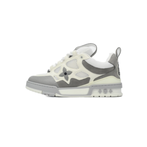 Louis V Leather lace up Fashionable Skate Board Shoes White Gray 1ACQP4